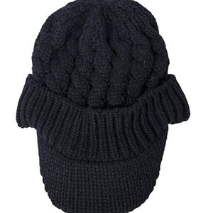 Womens Winter Warm Knitted Hat with Visor - Black